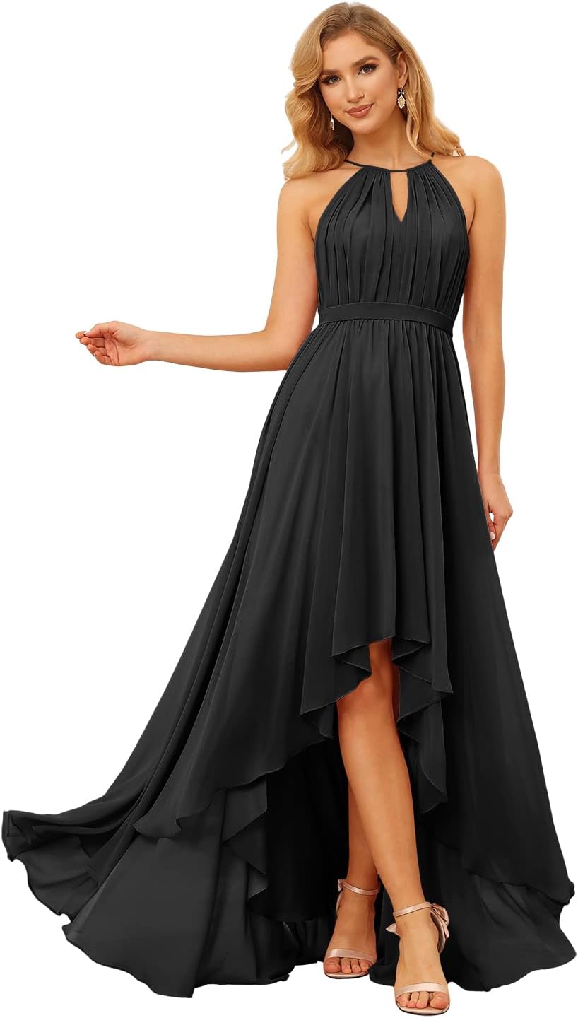 Damen Neckholder Brautjungfernkleider Lang mit Taschen High-Low Falten Formelles Kleid für Hochzeit 