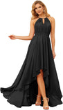 Damen Neckholder Brautjungfernkleider Lang mit Taschen High-Low Falten Formelles Kleid für Hochzeit 