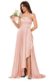 Women's Long Satin Bridesmaid Dresses Spaghetti Strap Halter Formal Evening Gown Ruffle High Low Wedding Guest Dress