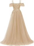 Off Shoulder Tulle Ball Gowns for Women Lace Appliques Beaded Prom Dress Sparkly Long A-line Evening Gowns