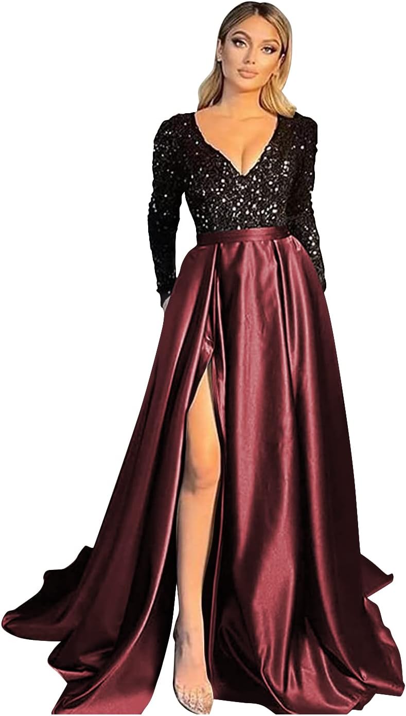Vestido de fiesta de satén con lentejuelas brillantes para mujer, con bolsillos, manga larga y abertura. 