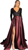 Vestido de fiesta de satén con lentejuelas brillantes para mujer, con bolsillos, manga larga y abertura. 