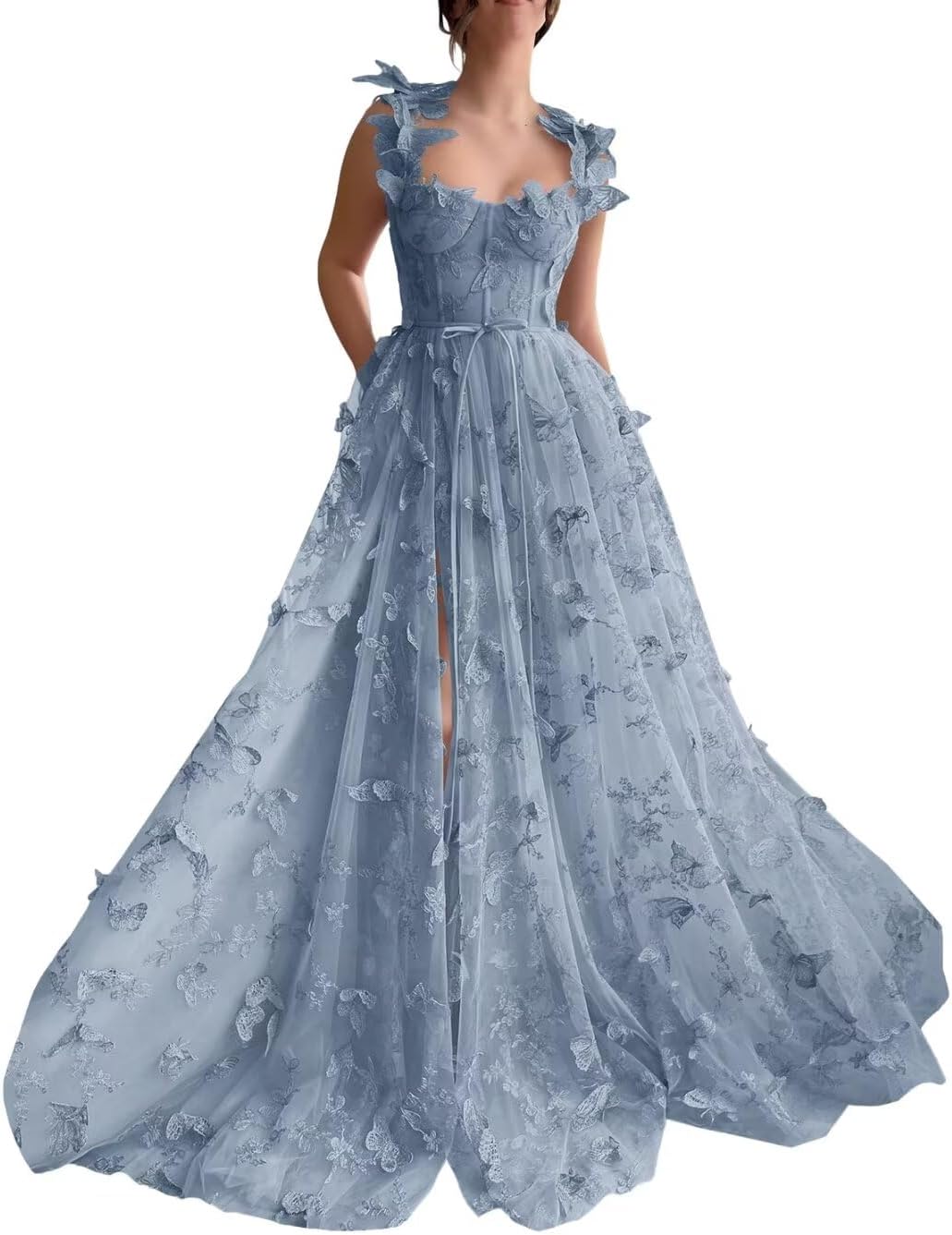 Vestidos de fiesta largos de tul con mariposas 3D para adolescentes, vestidos de fiesta formales de noche bordados con abertura 