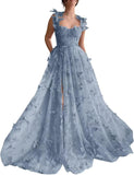 Vestidos de fiesta largos de tul con mariposas 3D para adolescentes, vestidos de fiesta formales de noche bordados con abertura 