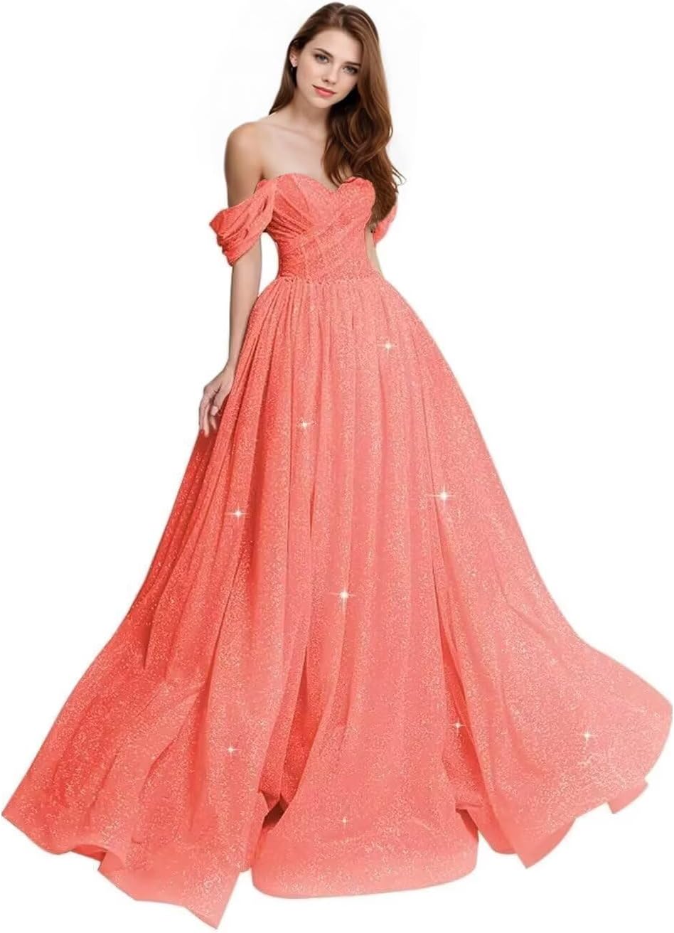 Sparkly Tulle Prom Dress 2026 Off The Shoulder Formal Dresses for Women Glitter A Line Long Ball Gown