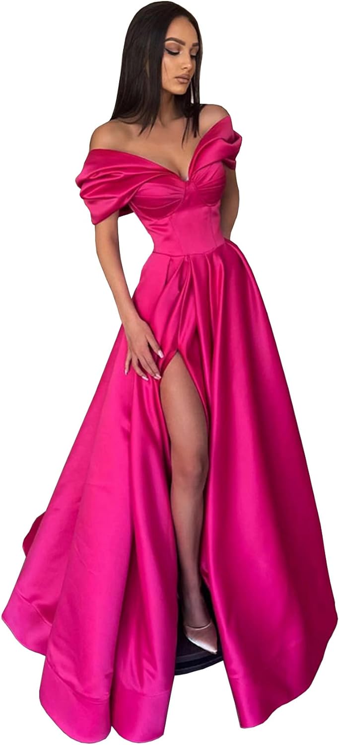 Women’s Off The Shoulder Prom Dresses with Slit Satin Ruched Long Formal Evening Gowns