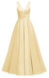 Glitter Satin Prom Dresses for Women Long V Neck A-Line Pleated Formal Evening Party Gowns with Pockets