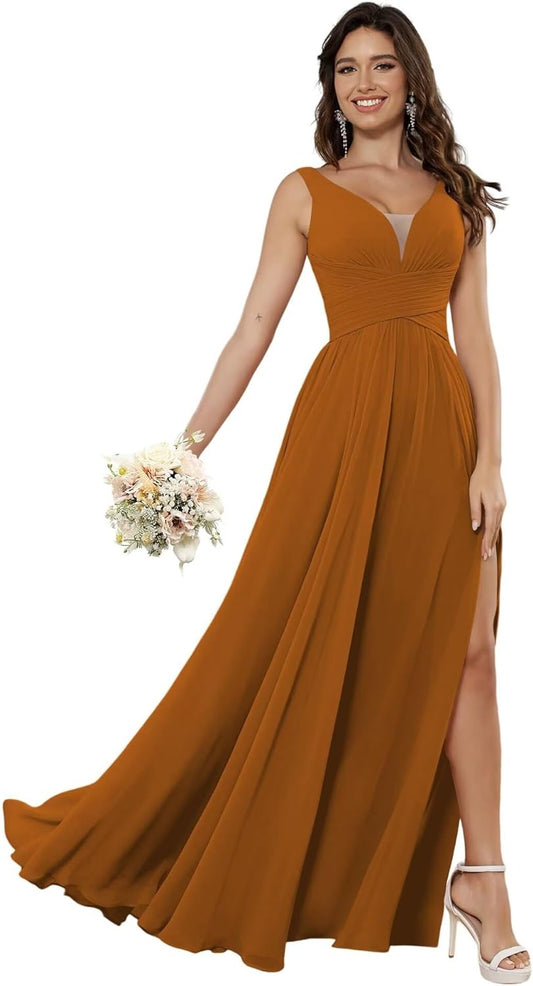 Vestidos de dama de honor sencillos de gasa para mujer con bolsillos, vestidos formales largos con escote en V y abertura 