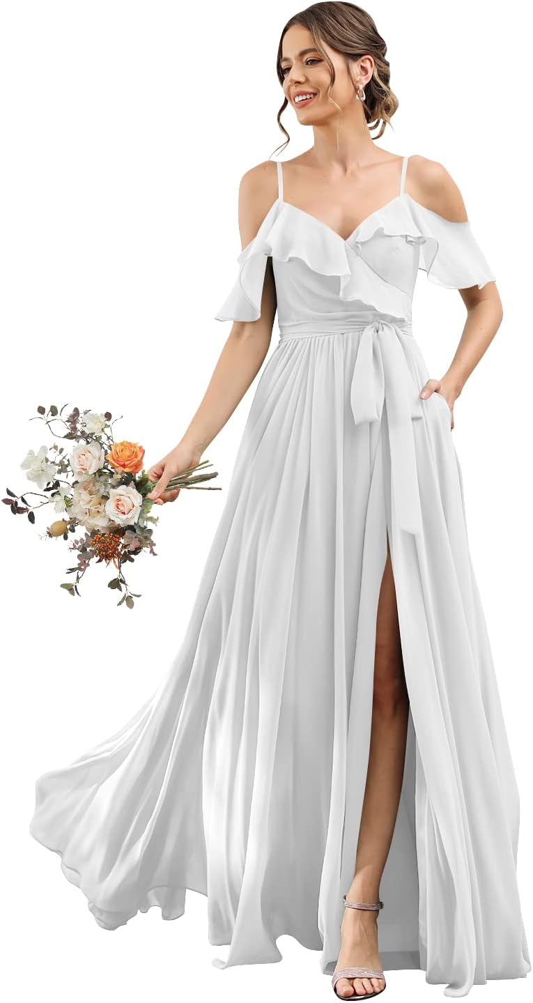 Women's Bridesmaid Dresses with Slit Long Cold Shoulder Chiffon Formal Party Dress with Pockets