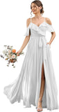 Women's Bridesmaid Dresses with Slit Long Cold Shoulder Chiffon Formal Party Dress with Pockets