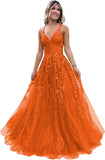 Women's Sparkly Tulle Lace Applique Prom Dresses 2025 Long Spaghetti Straps Formal Evening Gowns