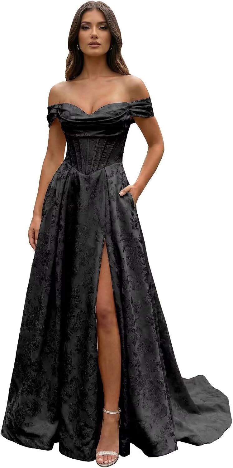 Jacquard Satin Prom Dresses Off the Shoulder Corset A Line Long Formal Gowns