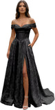 Jacquard Satin Prom Dresses Off the Shoulder Corset A Line Long Formal Gowns