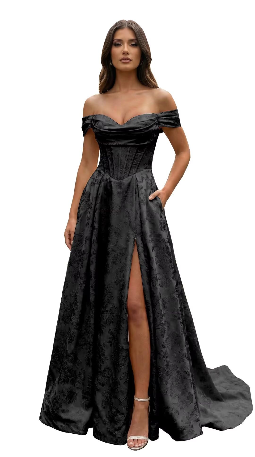 Jacquard Satin Prom Dresses for Women Off the Shoulder Corset A Line Long Formal Evening Gowns