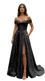 Jacquard Satin Prom Dresses Off the Shoulder Corset A Line Long Formal Gowns