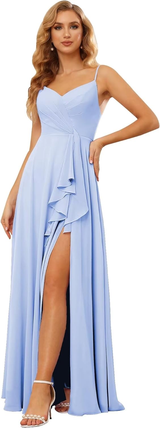 Vestidos de dama de honor largos de gasa con tirantes finos y bolsillos, vestidos formales con volantes y abertura para mujer 
