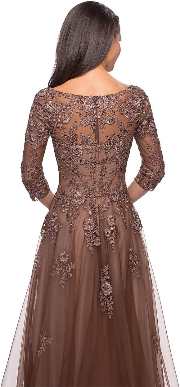 Women's Floral Lace Appliques 3/4 Sleeve Mother of The Bride Dresses Long V Neck Formal Dresses with Pockets