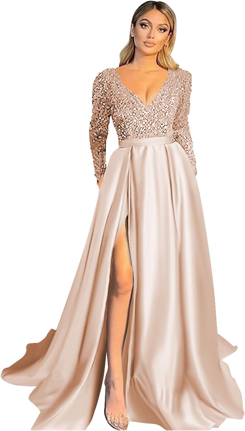 Vestido de fiesta de satén con lentejuelas brillantes para mujer, con bolsillos, manga larga y abertura. 