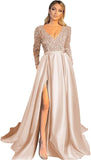 Vestido de fiesta de satén con lentejuelas brillantes para mujer, con bolsillos, manga larga y abertura. 