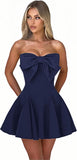 Women's Elegant Bow Strapless Homecoming Dress A Line Swing Tube Mini Dress Short Evening Party Prom Dress