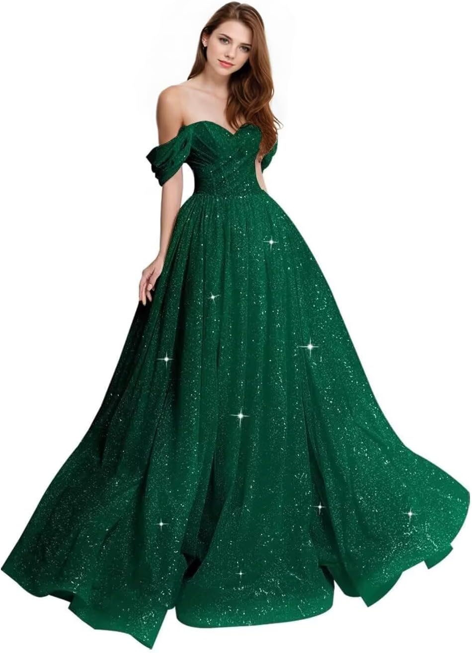 Sparkly Tulle Prom Dress 2026 Off The Shoulder Formal Dresses for Women Glitter A Line Long Ball Gown