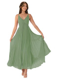 V-Neck Pleated Bridesmaid Dresses for Women Chiffon Spaghetti Straps Pleates Long Formal Wedding Guest Dress