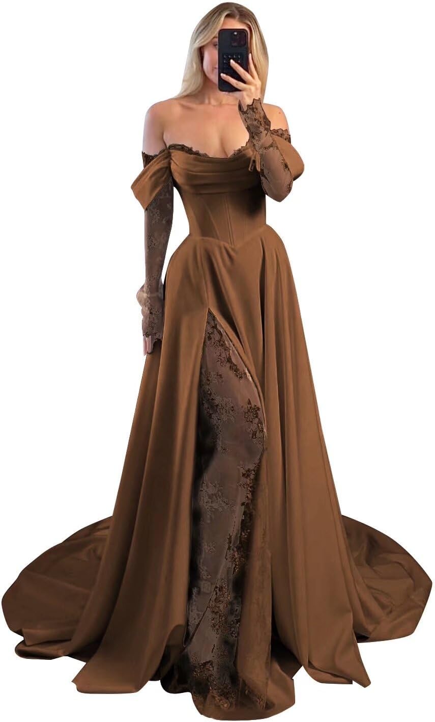 Off Shoulder Satin Wedding Dresses Lace Long Sleeve Prom Dresses Corset A-Line Ball Gowns with Slit