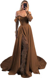 Off Shoulder Satin Wedding Dresses Lace Long Sleeve Prom Dresses Corset A-Line Ball Gowns with Slit