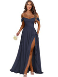 Women's Long Chiffon Bridesmaid Dresses with Slit Off Shoulder A-Line Formal Prom Evening Gown Maxi Wedding Guest Dress