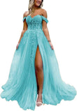 Off The Shoulder Tulle Prom Dress with Laces Applique A-line Slit Long Ball Gowns Glitter Formal Evening Dress