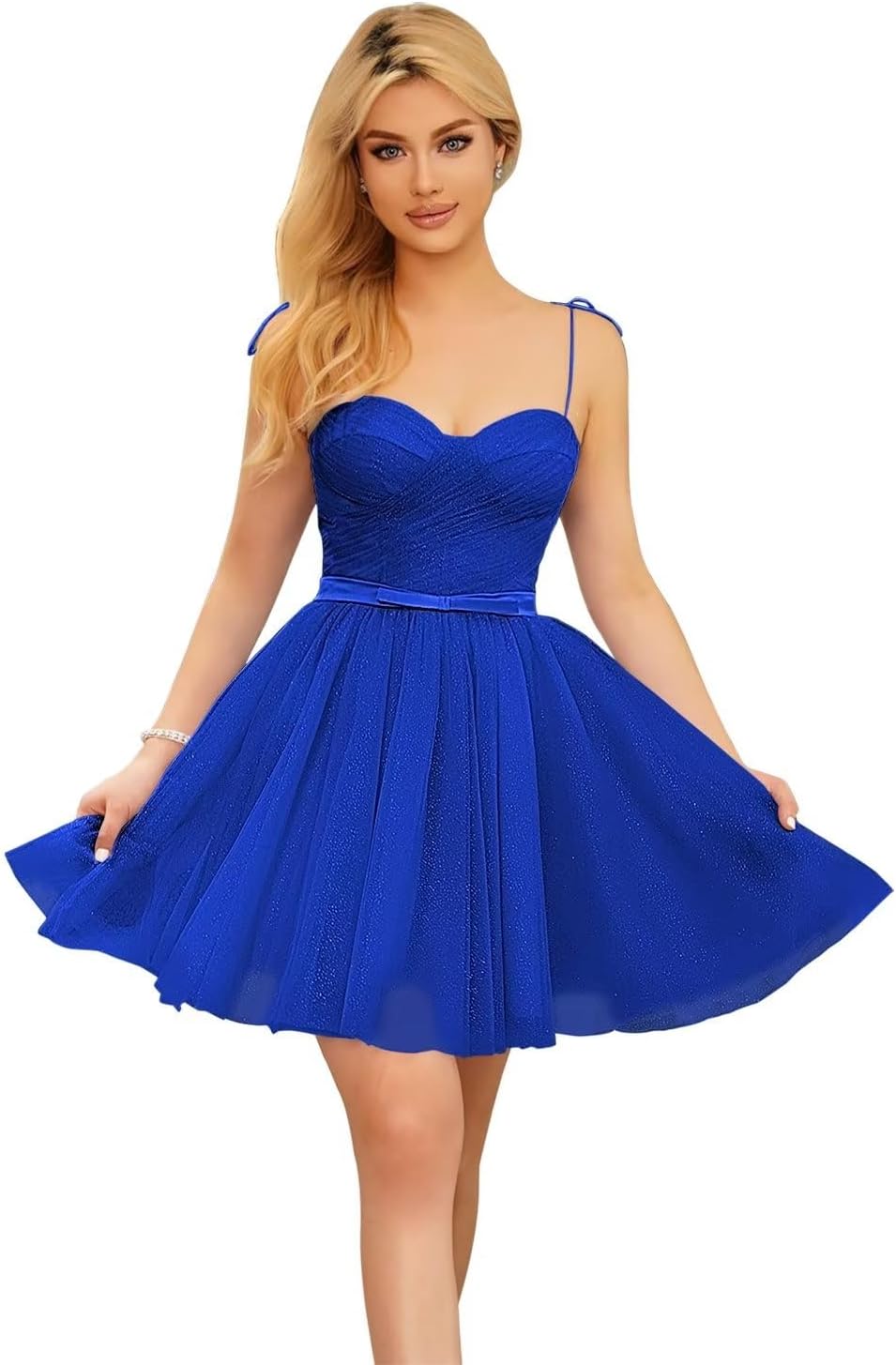 Vestidos cortos de tul brillante para adolescentes, con tirantes finos y corte en A, para fiesta de graduación.