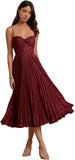Floral Satin Midi Wedding Guest Dresses Pleated Tea Length Formal Evening Party Gowns