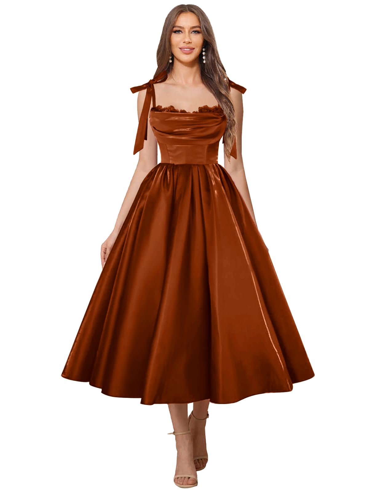 Satin Prom Dresses for Women Spaghetti Straps Corset A-Line Ball Formal Gowns Tea Length with Pockets