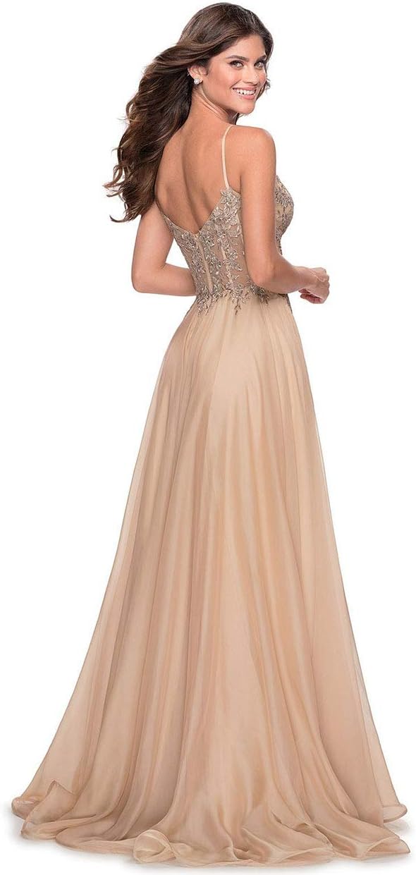Women's Lace Appliqued Chiffon Prom Dresses Long with Slit Spaghetti Straps V Neck Formal Party Gowns