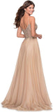 Women's Lace Appliqued Chiffon Prom Dresses Long with Slit Spaghetti Straps V Neck Formal Party Gowns