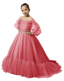 Puffy Sleeves Flower Girl Dress for Wedding Tulle Princess Pageant Dress Kids Prom Ball Gown with Belt