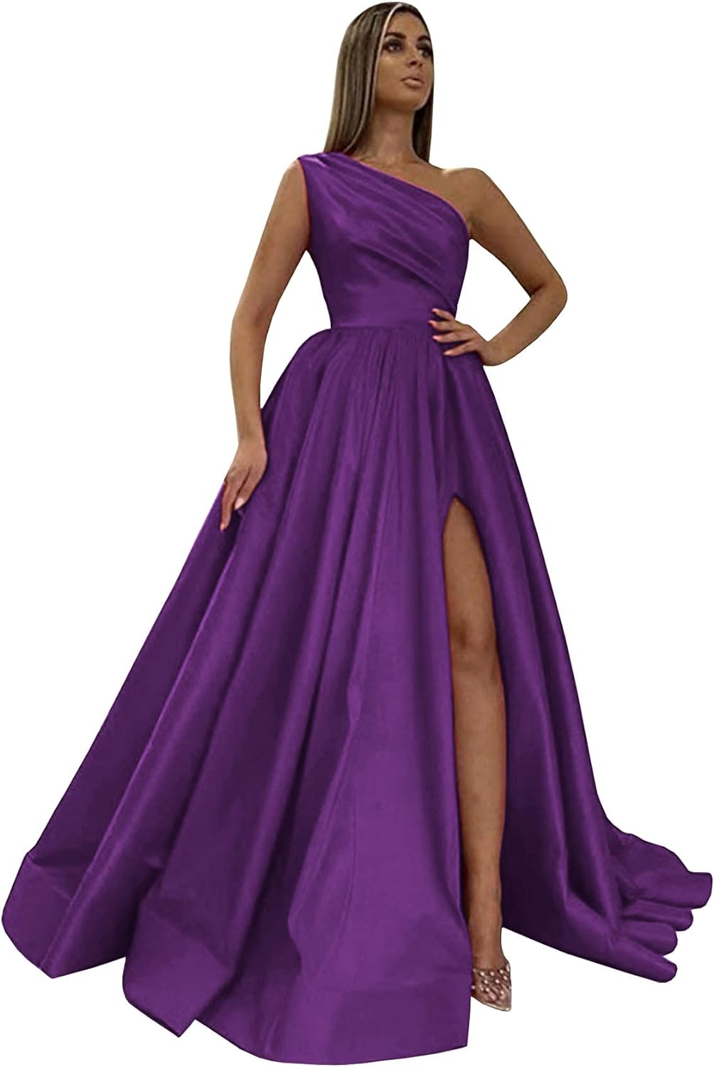 Women's One Shoulder Prom Dresses 2026 Long Slit Satin Formal Evening Gowns with Pockets