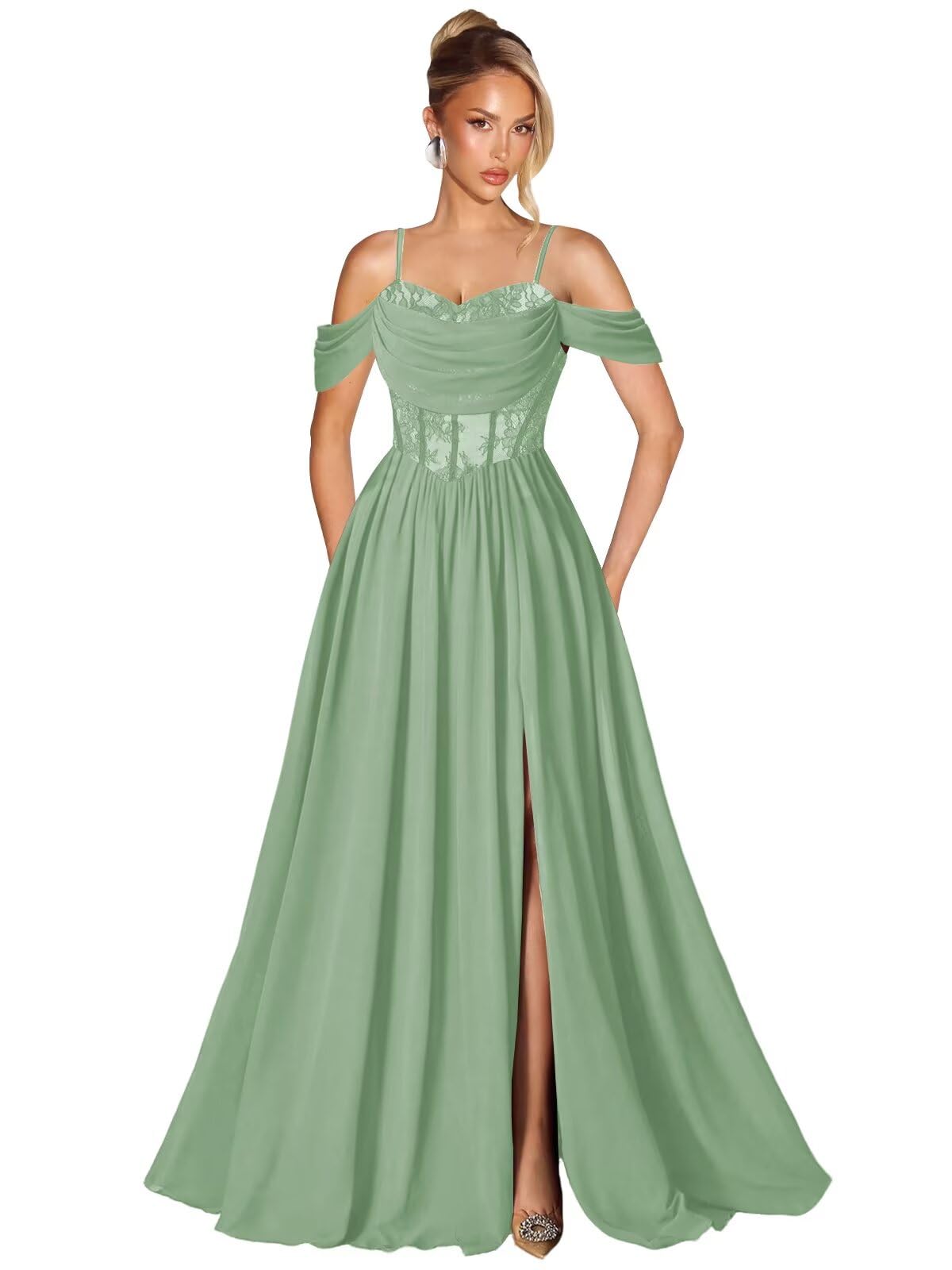 Off Shoulder Lace Applique Prom Dress with Slit A Line Ball Gown Pleated Corset Long Formal Evening Dresses