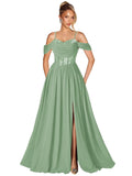 Off Shoulder Lace Applique Prom Dress with Slit A Line Ball Gown Pleated Corset Long Formal Evening Dresses