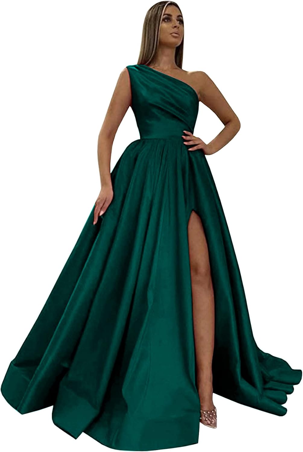 Women's One Shoulder Prom Dresses 2026 Long Slit Satin Formal Evening Gowns with Pockets