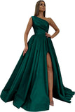 Women's One Shoulder Prom Dresses 2026 Long Slit Satin Formal Evening Gowns with Pockets