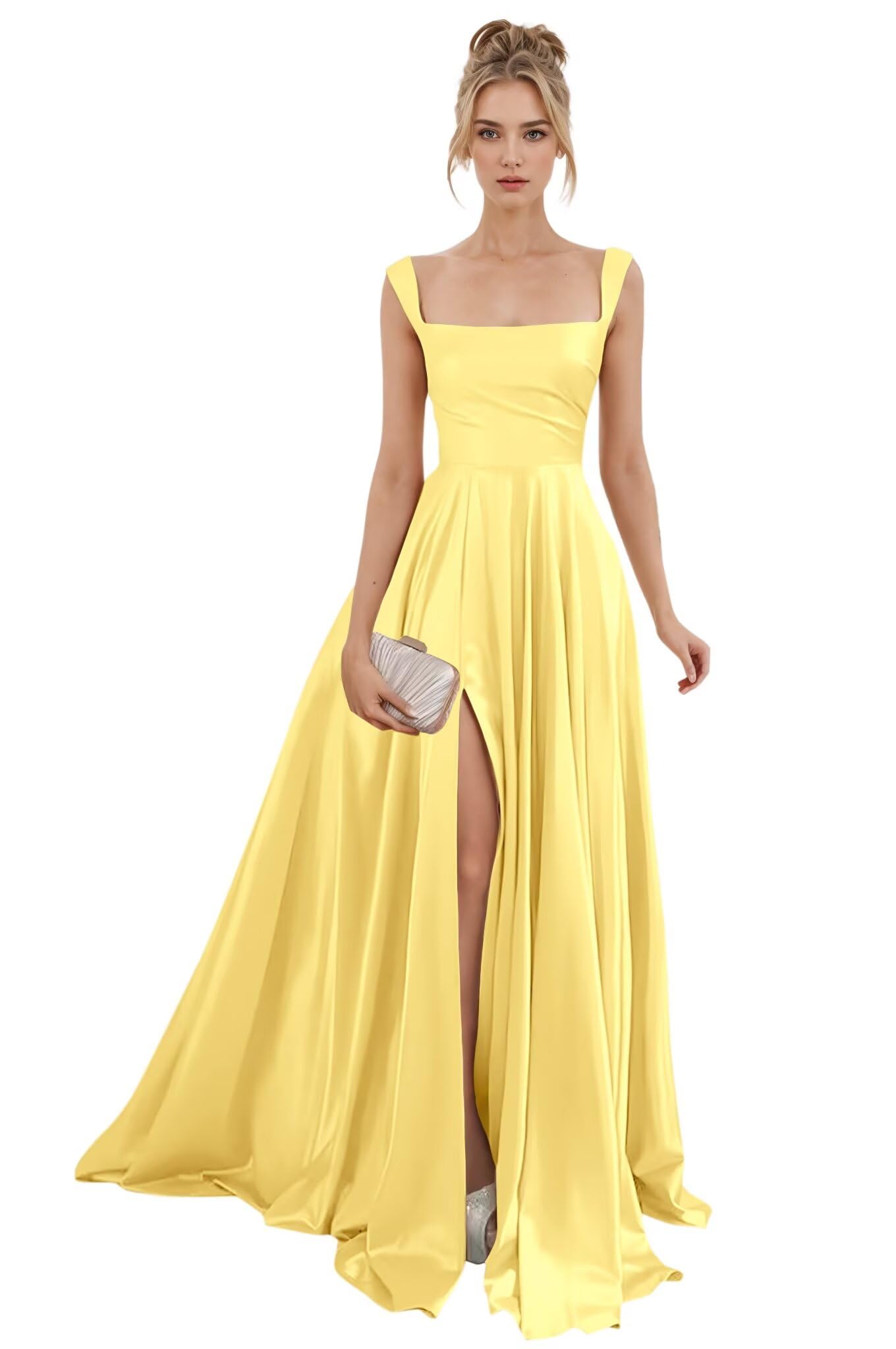 Spaghetti Straps Satin Bridesmaid Dresses for Women Long A-Line Square Neck Formal Evening Party Gown with Slit