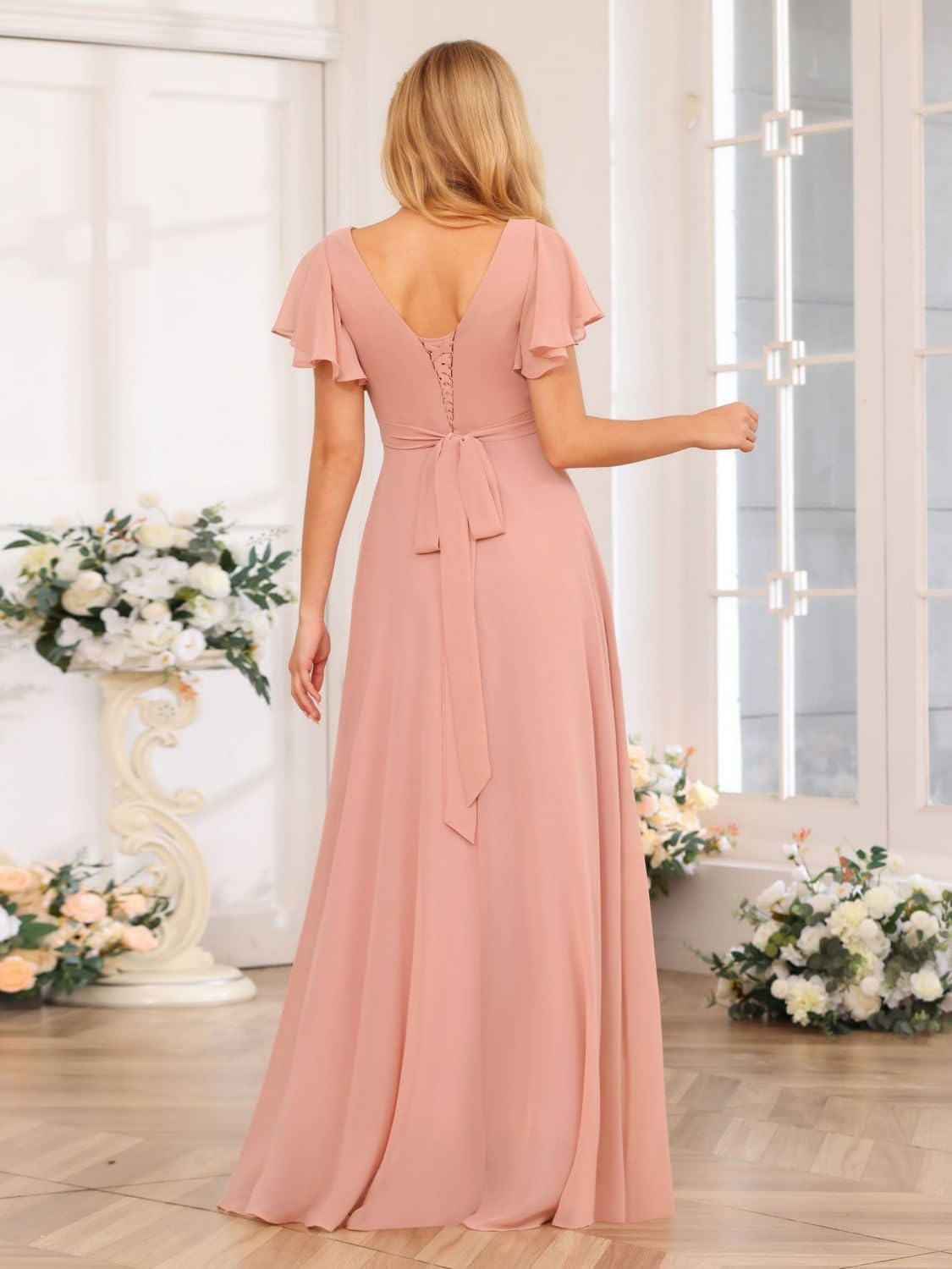 V Neck Bridesmaid Dresses for Women with Slit 2025 Flutter Sleeve Chiffon Pleats Formal Dress with Pockets