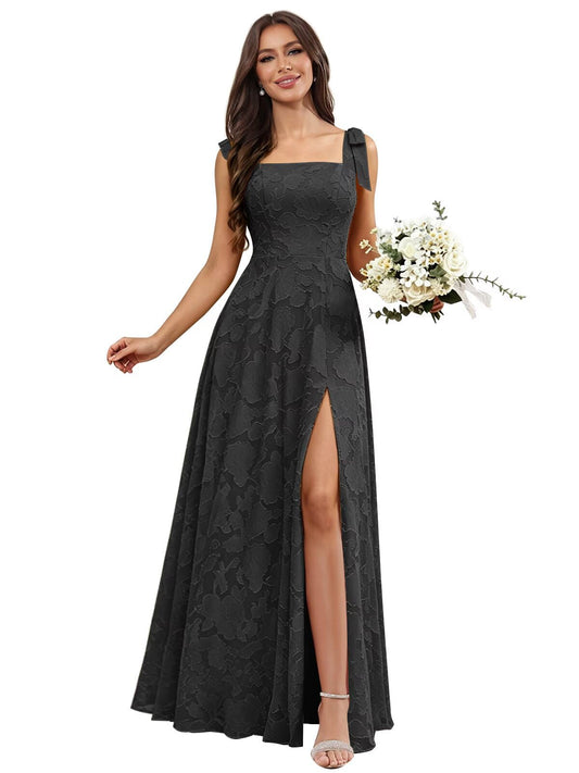 Spaghetti Straps Chiffon Bridesmaid Dresses Ruched Jacquard A Line Formal Dress for Wedding Guest with Slit