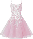 Sparkly Lace Applique Homecoming Dresses for Teens Short Corset Tulle Spaghetti Strap Prom Cocktail Party Dress