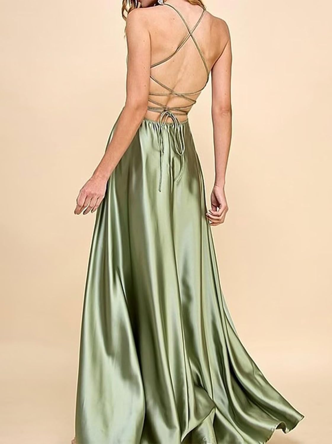 Women's Satin Prom Dresses with Slit Strapless A Line Corset Ball Gowns Spaghetti Straps Formal Evening Gowns with Pockets