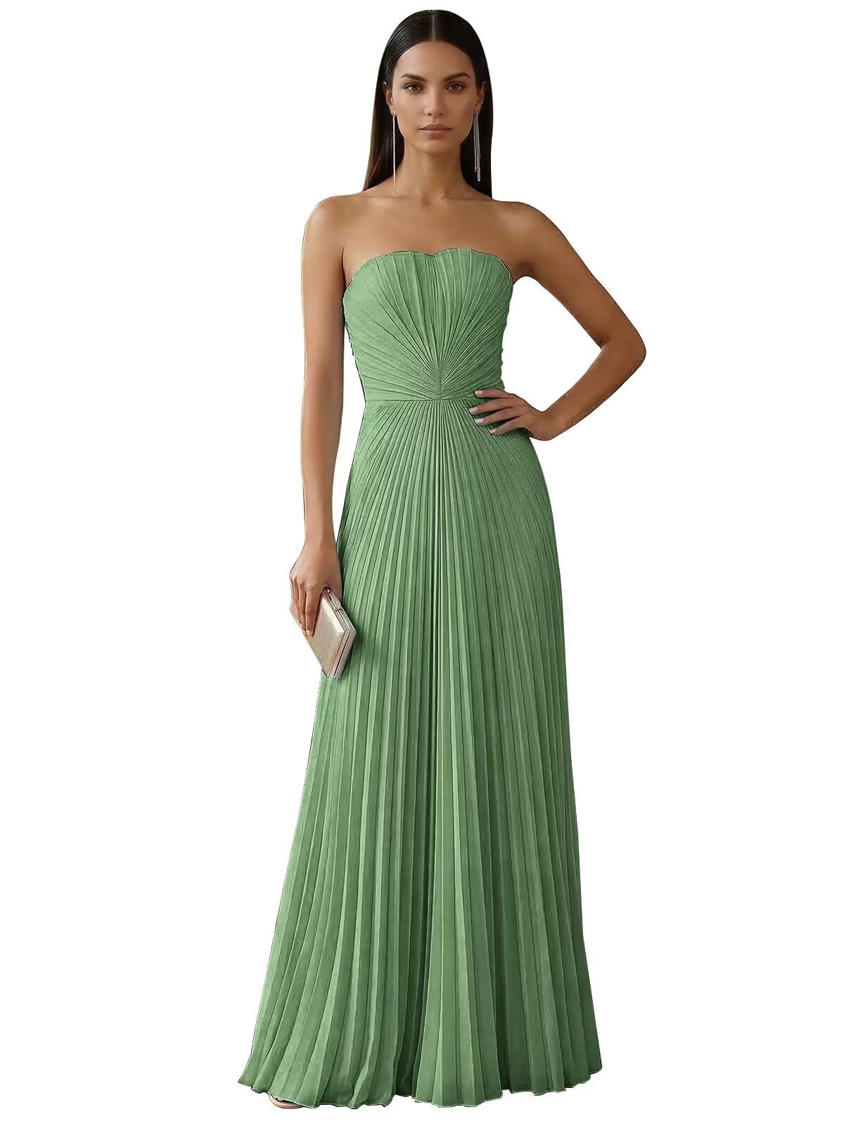 Ruched Strapless Prom Dresses for Women Long A Line Cocktail Dress Pleated Chiffon Formal Wedding Guest Dress
