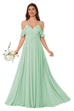 Women's Long Chiffon Bridesmaid Dresses Ruffle V Neck Formal Evening Prom Gown Spaghetti Strap Maxi Wedding Guest Dress