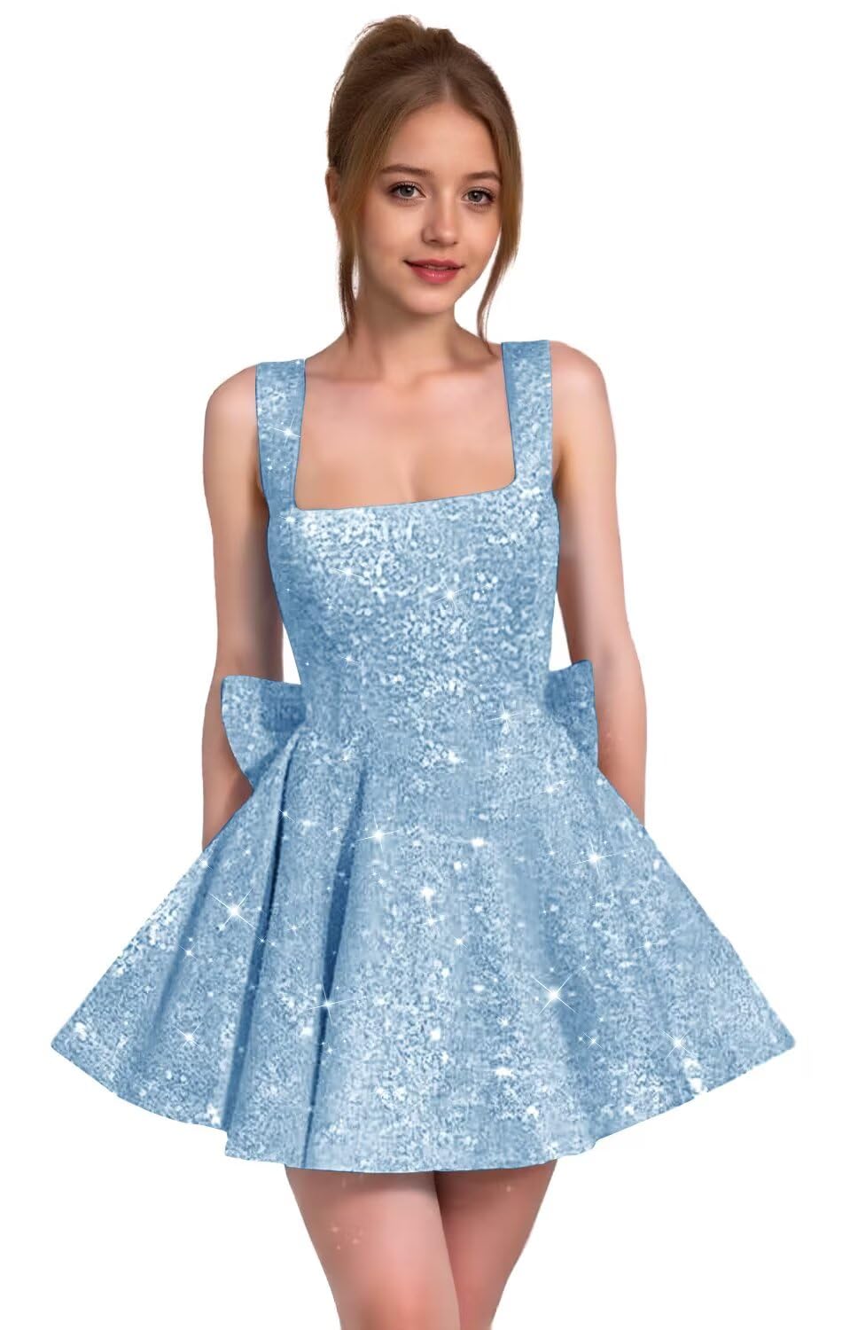 Sparkly Sequin Homecoming Dresses for Teens Short Prom Dress Square Neck Bow Formal Cocktail Gowns with Pockets