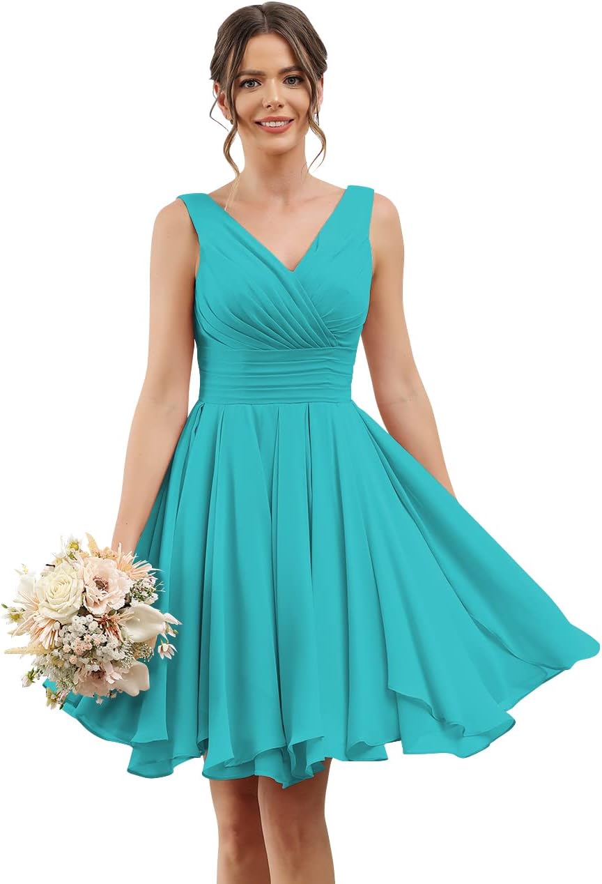 Double V Neck Short Bridesmaid Dresses for Women 2025 Chiffon A Line Formal Evening Gowns with Pockets